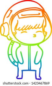 desenho de linha de gradiente do arco-íris de um astronauta curioso de desenho animado