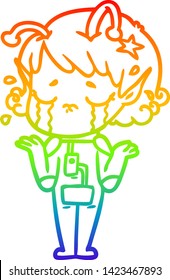 rainbow gradient line drawing of a cartoon crying alien girl