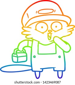 rainbow gradient line drawing of a cartoon cat builder stopping for lunch