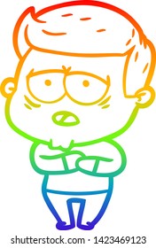 dibujo de una línea de gradiente de arco iris de un hombre cansado de la caricatura