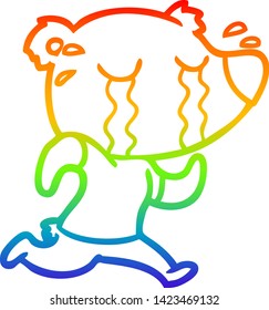 rainbow gradient line drawing of a cartoon crying bear running