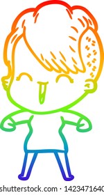 rainbow gradient line drawing of a cartoon happy hipster girl