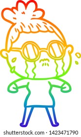 Regenbogen-Farbverlauf-Linie Zeichnung einer Cartoon weinenden Frau mit Brille