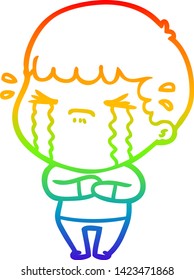 dibujo de una línea de gradiente de arco iris de un hombre de dibujos animados llorando