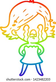 rainbow gradient line drawing of a cartoon woman crying