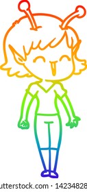 dibujo de una línea de gradiente de arco iris de una chica alienígena que se ríe