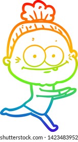 rainbow gradient line drawing of a cartoon happy old woman