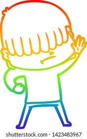Regenbogen-Farbverlauf-Linie Zeichnung eines Cartoon-Jungen mit unordentem Haar