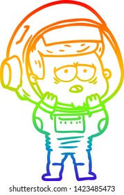rainbow gradient line drawing of a cartoon tired astronaut