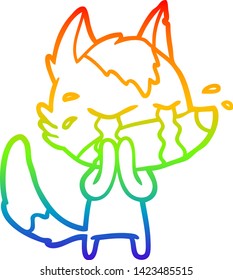rainbow gradient line drawing of a cartoon crying wolf