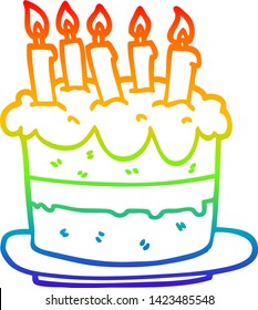 rainbow gradient line drawing of a cartoon birthday cake