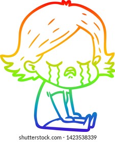 rainbow gradient line drawing of a cartoon girl crying sat on floor