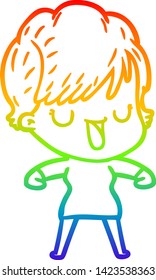 rainbow gradient line drawing of a cartoon woman talking