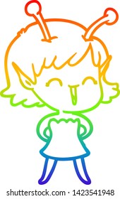 rainbow gradient line drawing of a cartoon alien girl laughing