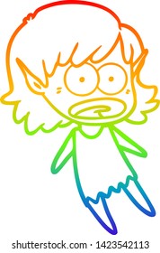 rainbow gradient line drawing of a cartoon shocked elf girl flying