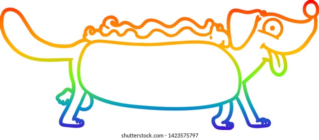 rainbow gradient line drawing of a cartoon hotdog
