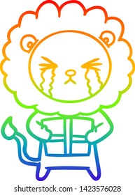 dibujo de una línea de gradiente de arco iris de un león llorando de caricatura con regalo