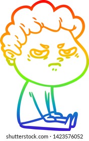 rainbow gradient line drawing of a cartoon angry man