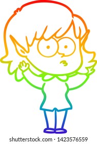 dibujo de la línea del gradiente del arcoiris de una joven elfo de dibujos animados mirando