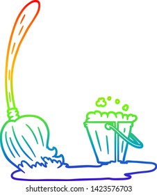 dibujo de línea de gradiente de arco iris de un mop y cubo de dibujos animados