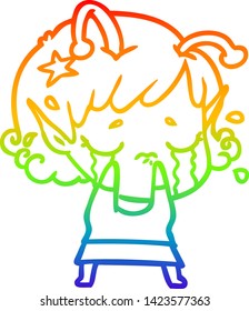 Regenbogen-Farbverlauf-Linie Zeichnung eines Cartoons weinend fremdes Mädchen