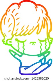 rainbow gradient line drawing of a cartoon woman crying
