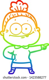 rainbow gradient line drawing of a cartoon happy old woman