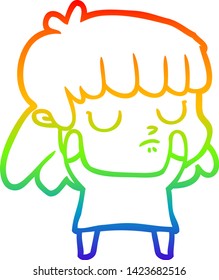 rainbow gradient line drawing of a cartoon indifferent woman