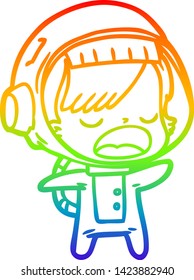 rainbow gradient line drawing of a cartoon talking astronaut woman