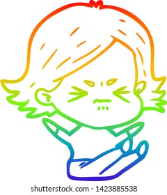 rainbow gradient line drawing of a cartoon angry girl