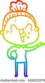rainbow gradient line drawing of a cartoon happy old woman