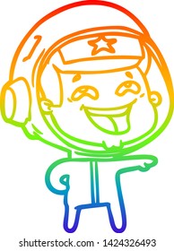 rainbow gradient line drawing of a cartoon laughing astronaut