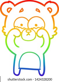dibujo de una línea de gradiente de arco iris de una caricatura que llora oso oso frotando los ojos