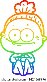 rainbow gradient line drawing of a cartoon happy old woman