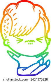 rainbow gradient line drawing of a cartoon annoyed hipster girl