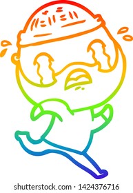 rainbow gradient line drawing of a cartoon bearded man crying
