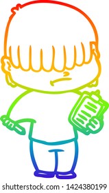 rainbow gradient line drawing of a cartoon boy with untidy hair