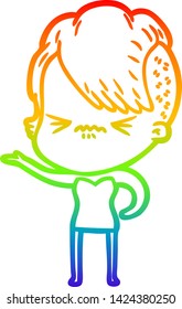 rainbow gradient line drawing of a cartoon annoyed hipster girl