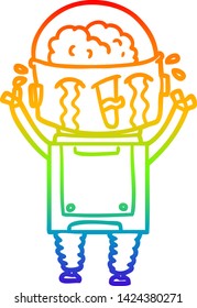 rainbow gradient line drawing of a cartoon crying robot