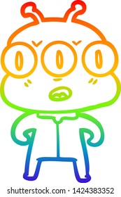 rainbow gradient line drawing of a cartoon three eyed alien