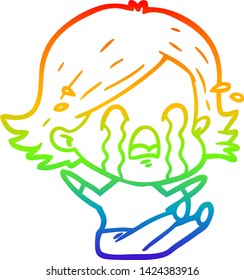 rainbow gradient line drawing of a cartoon woman crying