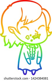 rainbow gradient line drawing of a cartoon vampire girl with blood on cheek
