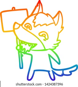 dibujo de una línea de degradado de arco iris de un lobo hambriento de dibujos animados con un cartel