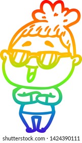 rainbow gradient line drawing of a cartoon happy woman wearing spectacles