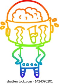 rainbow gradient line drawing of a cartoon crying robot