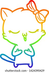 rainbow gradient line drawing of a cartoon cat with bow on head