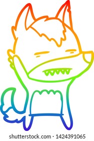 rainbow gradient line drawing of a cartoon wolf waving showing teeth