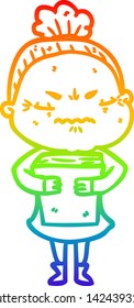 rainbow gradient line drawing of a cartoon annoyed old lady