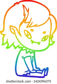 rainbow gradient line drawing of a cartoon friendly vampire girl sat down