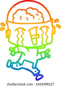 dibujo de una línea de gradiente de arco iris de un robot llorando de caricatura que corre